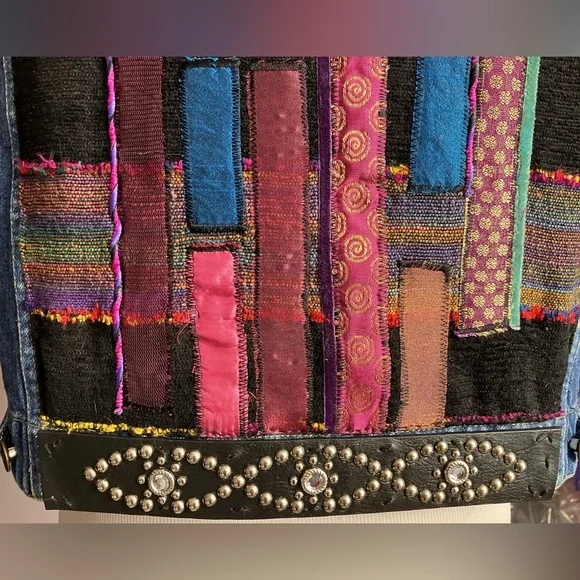 Women’s Denim Vest, Large, Handsewn/Upcycled, Multicolored, Distressed - Picture 7 of 9